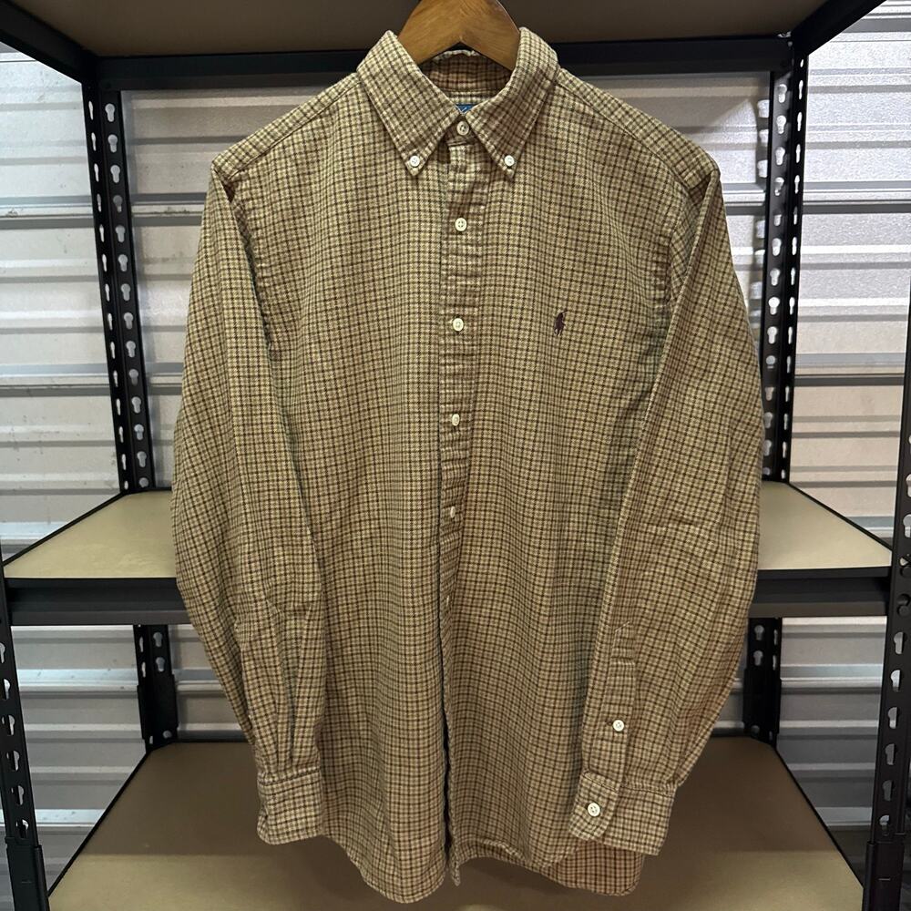 Vintage 90s Ralph Lauren Classic Fit Flannel Tan Check Button Down M Mens